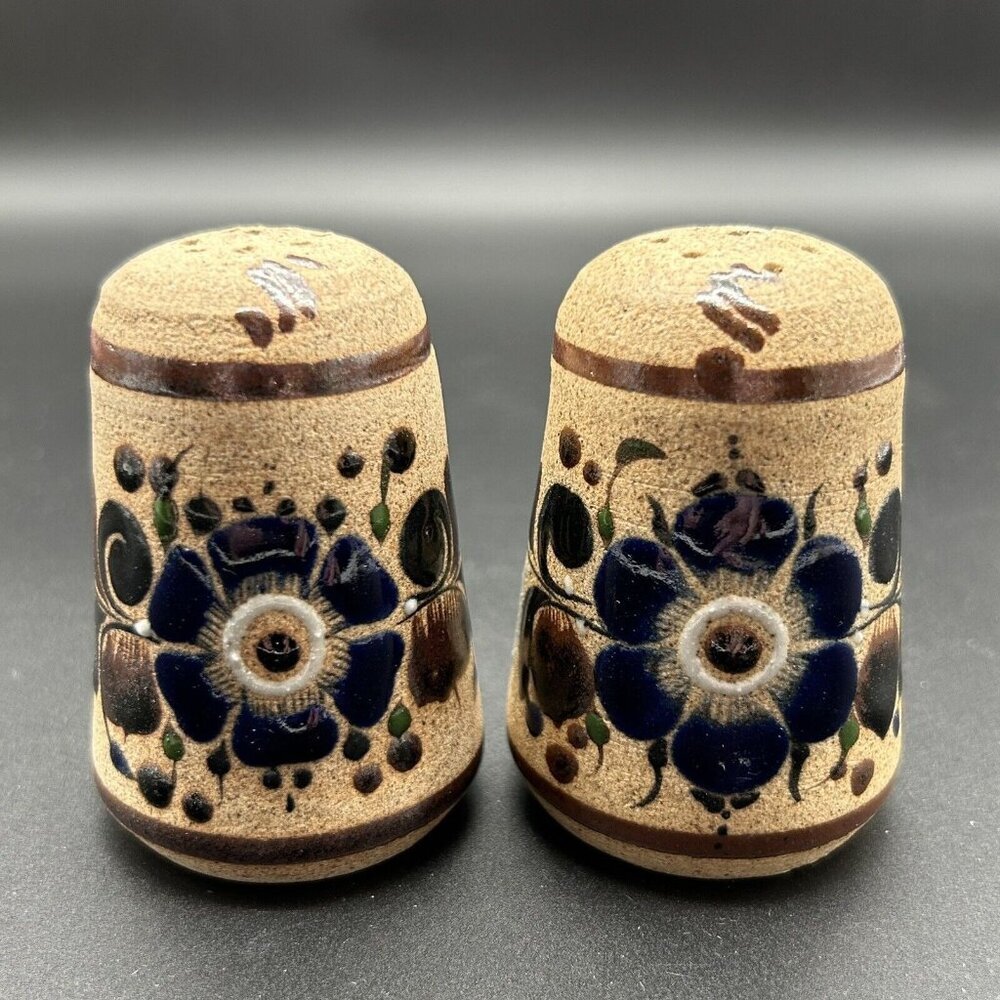 Tonala Pottery Salt & Pepper Shakers Mexico Floral Flowers 3" Tall Blue Signed
